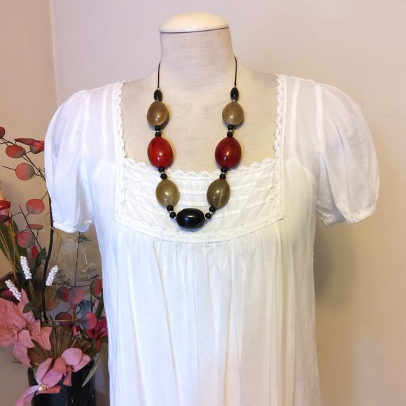Vintage NEW sandwich jewellery Red Black Beige Oval Beads VTG Art Deco Necklace - Picture 5 of 7